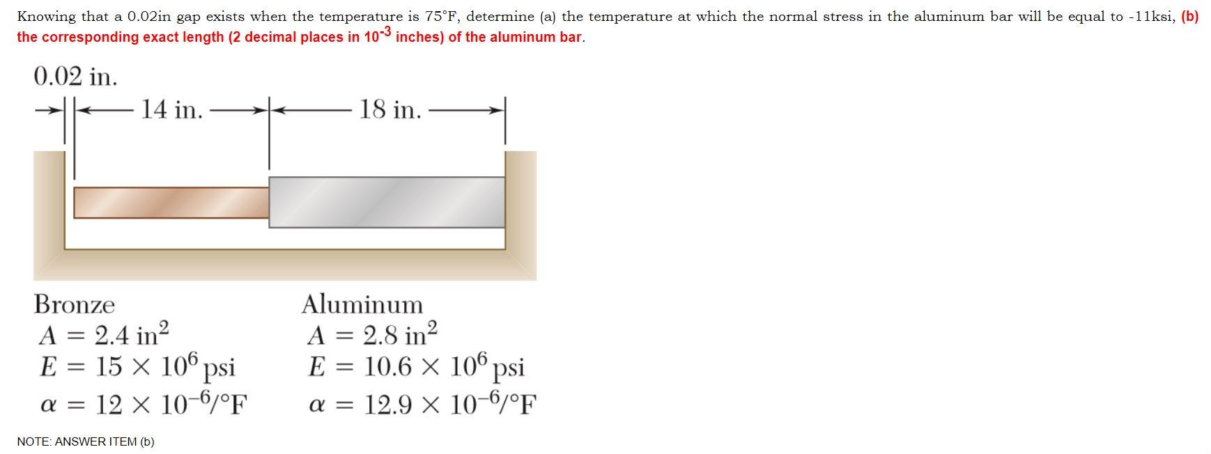 Knowing That A 0 02in Gap Exists When The Temperature Is 75 F Determine A The Temperature At Which The Normal Stress 1