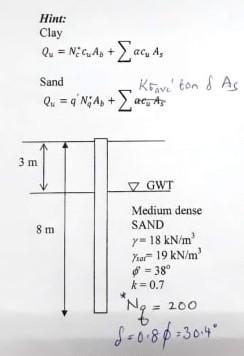 A Concrete Pile Is To Be Installed In A Layer Of Medium Dense Sand As Shown In Figure Q3 A The Pile Diameter Is 300 Mm 2