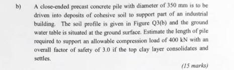 B A Close Ended Precast Concrete Pile With Diameter Of 350 Mm Is To Be Driven Into Deposits Of Cohesive Soil To Support 1