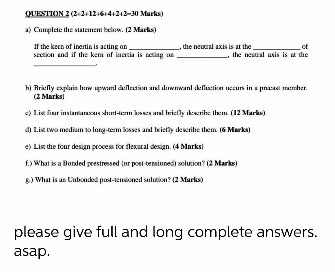 Question 2 2 2 12 6 4 2 2 30 Marks A Complete The Statement Below 2 Marks If The Kern Of Inertia Is Acting On Sect 1