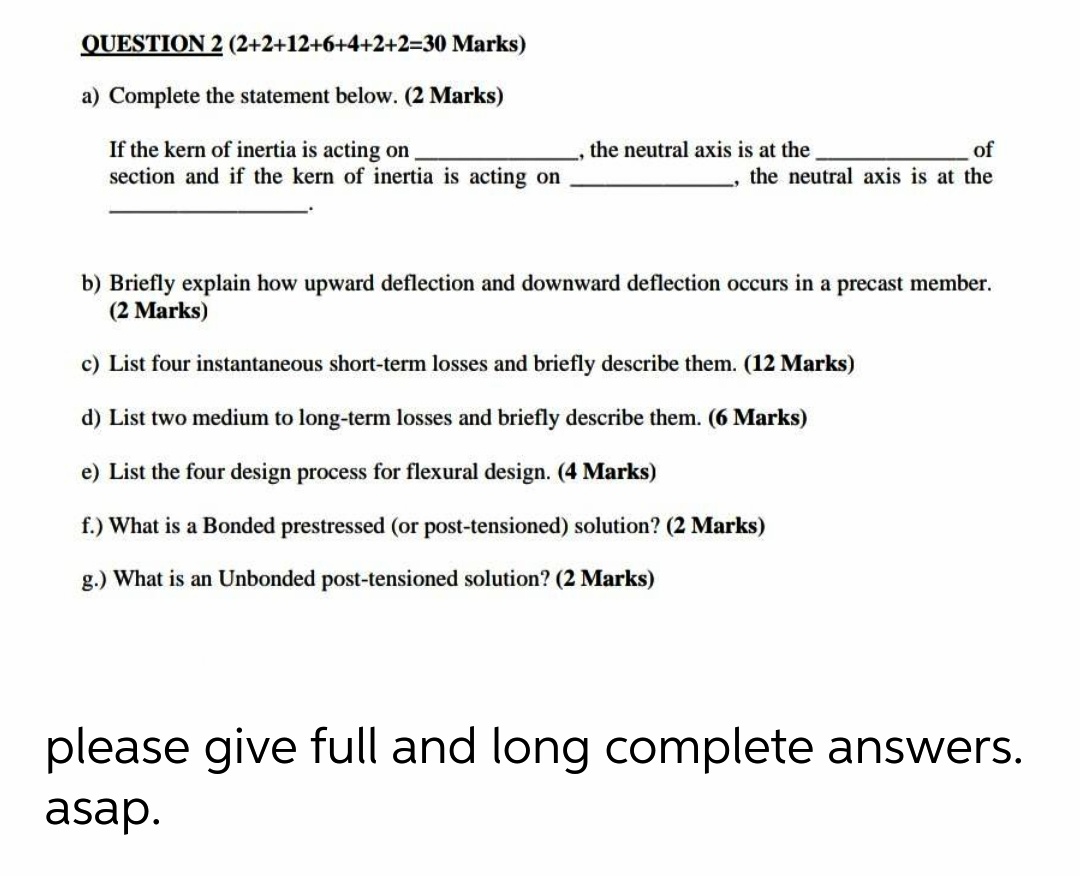 Question 2 2 2 12 6 4 2 2 30 Marks A Complete The Statement Below 2 Marks If The Kern Of Inertia Is Acting On Sect 1