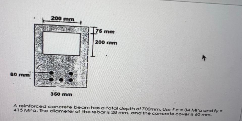 80 Mm 200 Mm 350 Mm 76 Mm 200 Mm A Reinforced Concrete Beam Has A Total Depth Of 700mm Use F C 34 Mpa And Fy 415 Mp 1