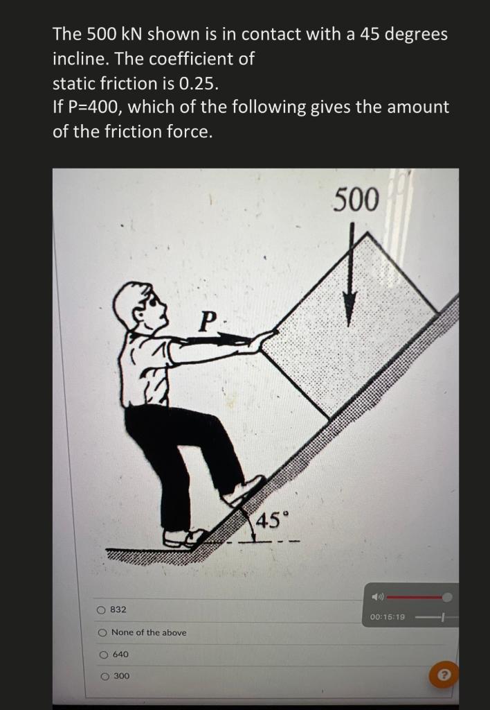 The 500 Kn Shown Is In Contact With A 45 Degrees Incline The Coefficient Of Static Friction Is 0 25 If P 400 Which Of 1