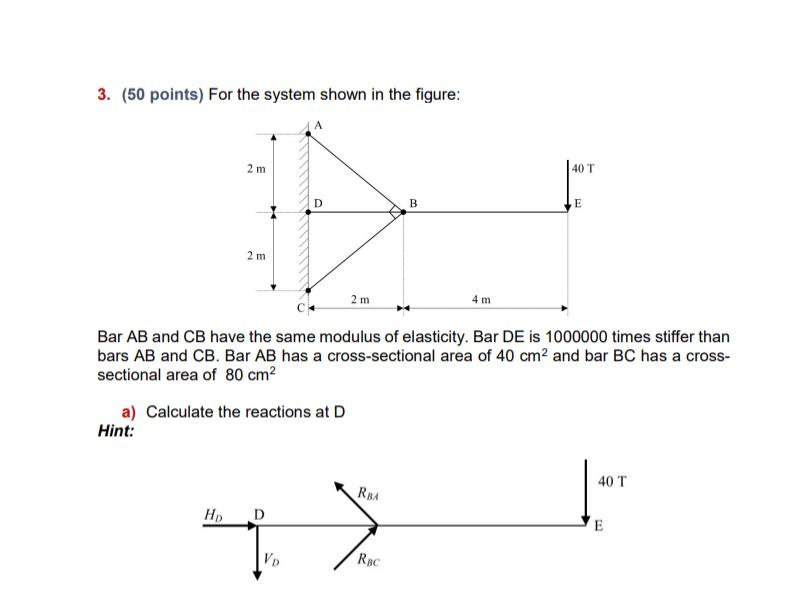 3 50 Points For The System Shown In The Figure D Id 2 M 2 M Hint 2 M A Calculate The Reactions At D Hd Bar Ab And 1