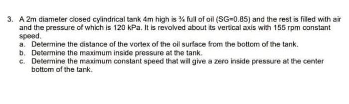 3 A 2m Diameter Closed Cylindrical Tank 4m High Is Full Of Oil Sg 0 85 And The Rest Is Filled With Air And The Pres 1