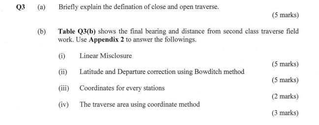 Q3 A B Briefly Explain The Defination Of Close And Open Traverse 5 Marks Table Q3 B Shows The Final Bearing And 1