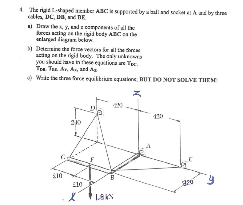 4 The Rigid L Shaped Member Abc Is Supported By A Ball And Socket At A And By Three Cables Dc Db And Be A Draw The 1