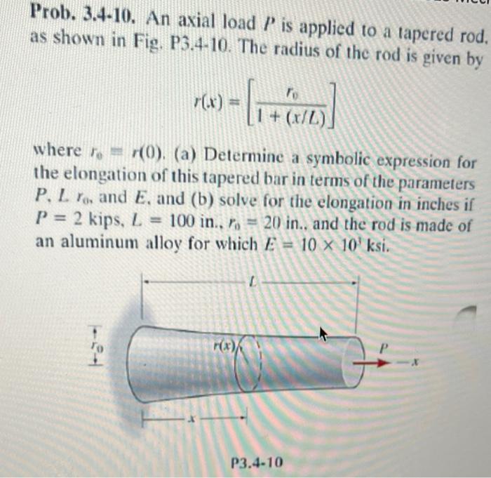 Prob 3 4 10 An Axial Load P Is Applied To A Tapered Rod As Shown In Fig P3 4 10 The Radius Of The Rod Is Given By 1 1