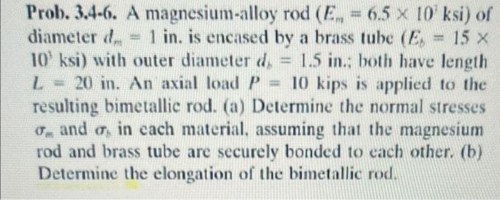 Prob 3 4 6 A Magnesium Alloy Rod E 6 5 X 10 Ksi Of Diameter D 1 In Is Encased By A Brass Tube E 15 X 10 Ksi 1