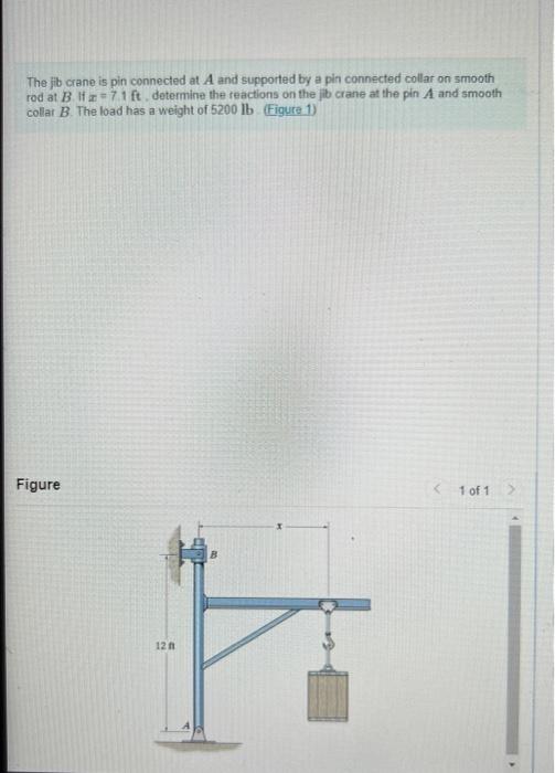 The Jib Crane Is Pin Connected At A And Supported By A Pin Connected Collar On Smooth Rod At B If A 7 1 Ft Determine T 1