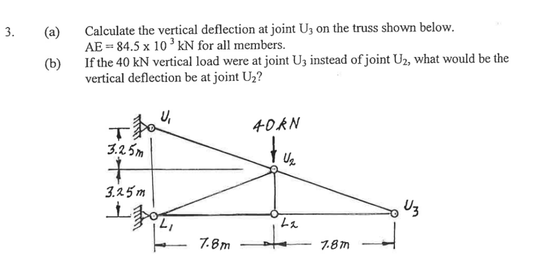 3 A B Calculate The Vertical Deflection At Joint U3 On The Truss Shown Below Ae 84 5 X 10 Kn For All Members I 1