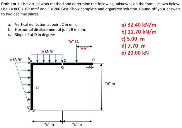 Problem 1 Use Virtual Work Method And Determine The Following Unknowns On The Frame Shown Below Use I 800 X 105 Mm 1