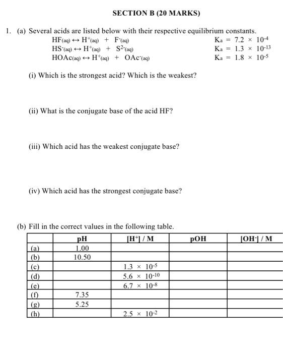 Section B 20 Marks 1 A Several Acids Are Listed Below With Their Respective Equilibrium Constants 7 2 X 10 4 Hf A 1