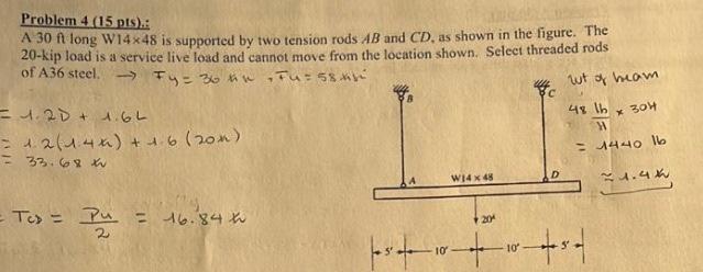 Problem 4 15 Pts A 30 Ft Long W14x48 Is Supported By Two Tension Rods Ab And Cd As Shown In The Figure The 20 Kip 1