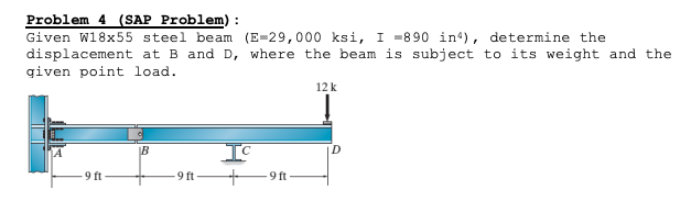 Problem 4 Sap Problem Given W18x55 Steel Beam E 29 000 Ksi I 890 In Determine The Displacement At B And D Where 1