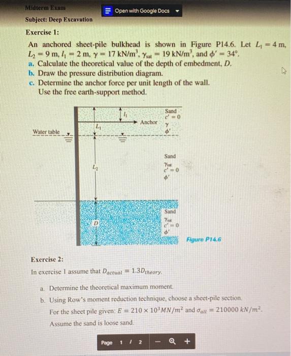 Midterm Exam Subject Deep Excavation Exercise 1 An Anchored Sheet Pile Bulkhead Is Shown In Figure P14 6 Let L 4 M 1