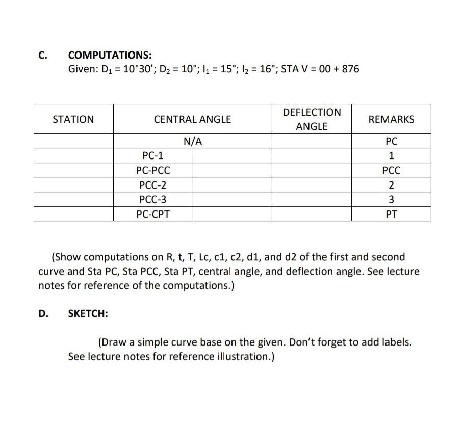 C Computations Given D 10 30 D 10 L 15 1 16 Sta V 00 876 D Station Central Angle Sketch Pc 1