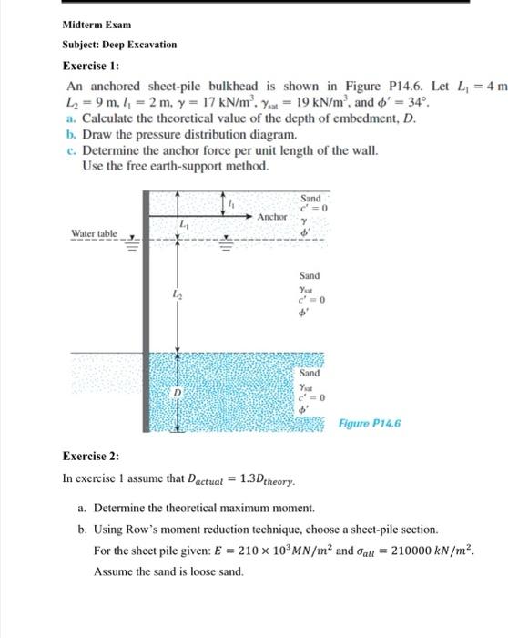 Midterm Exam Subject Deep Excavation Exercise 1 An Anchored Sheet Pile Bulkhead Is Shown In Figure P14 6 Let L 4 M L 1