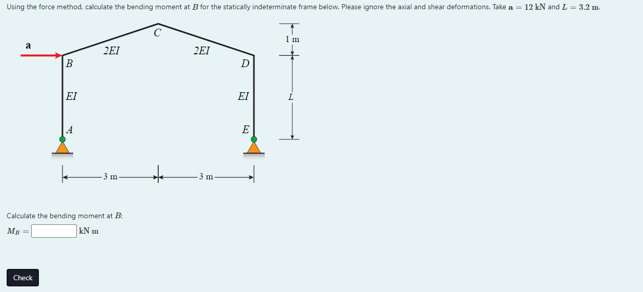 Using The Force Method Calculate The Bending Moment At B For The Statically Indeterminate Frame Below Please Ignore Th 1