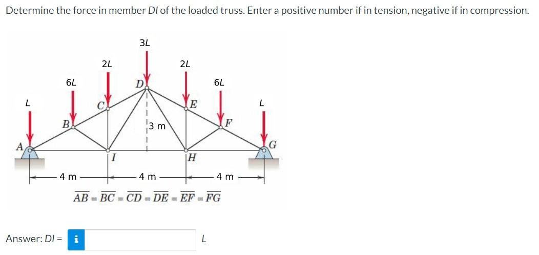 Determine The Force In Member Di Of The Loaded Truss Enter A Positive Number If In Tension Negative If In Compression 1