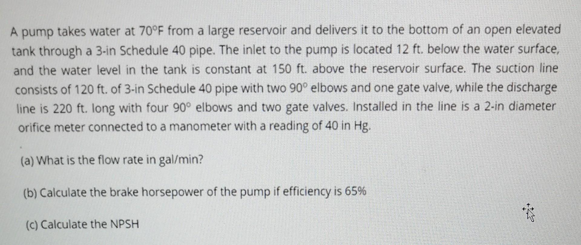A Pump Takes Water At 70 F From A Large Reservoir And Delivers It To The Bottom Of An Open Elevated Tank Through A 3 In 1
