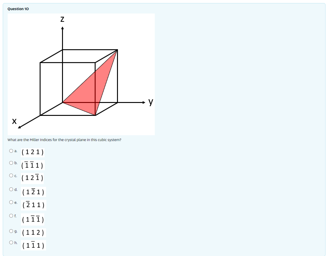 Question 10 X What Are The Miller Indices For The Crystal Plane In This Cubic System O A O B O D Z T Oc 121 121 1