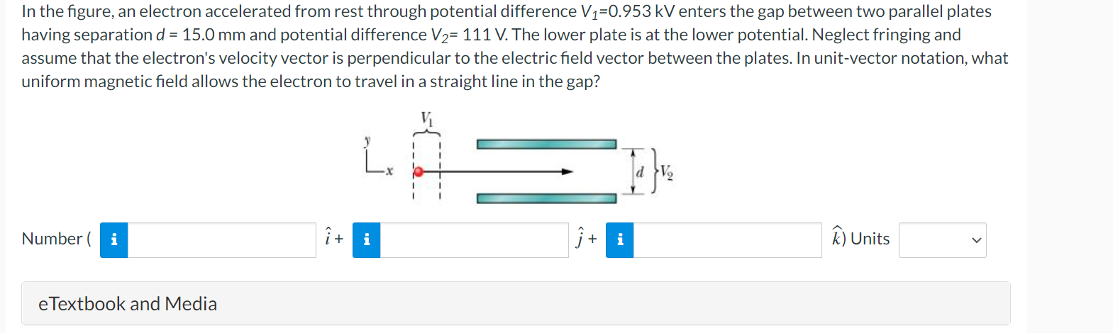 In The Figure An Electron Accelerated From Rest Through Potential Difference V 0 953 Kv Enters The Gap Between Two Par 1