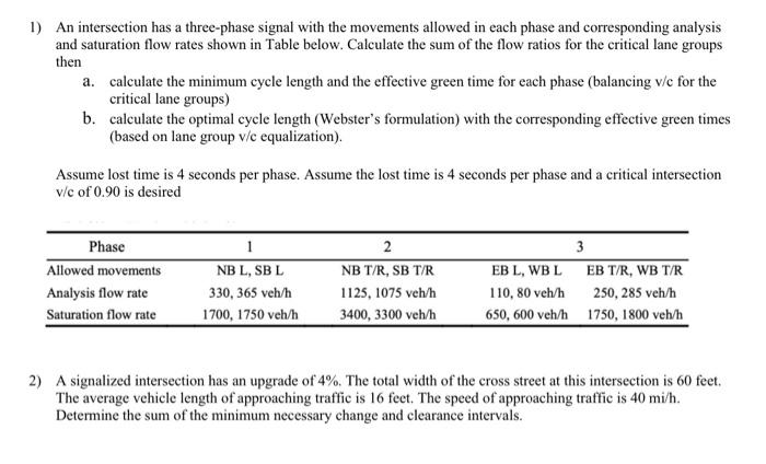 1 An Intersection Has A Three Phase Signal With The Movements Allowed In Each Phase And Corresponding Analysis And Satu 2