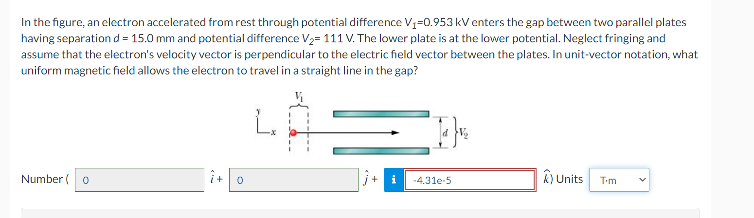 In The Figure An Electron Accelerated From Rest Through Potential Difference V 0 953 Kv Enters The Gap Between Two Par 1