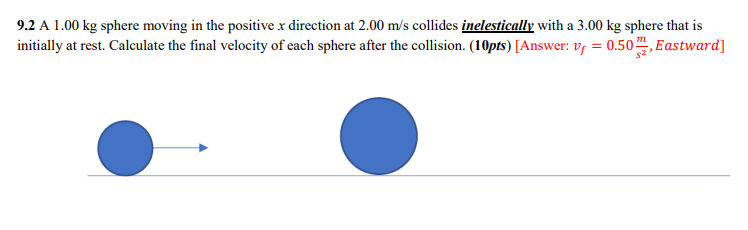 9 2 A 1 00 Kg Sphere Moving In The Positive X Direction At 2 00 M S Collides Inelestically With A 3 00 Kg Sphere That Is 1