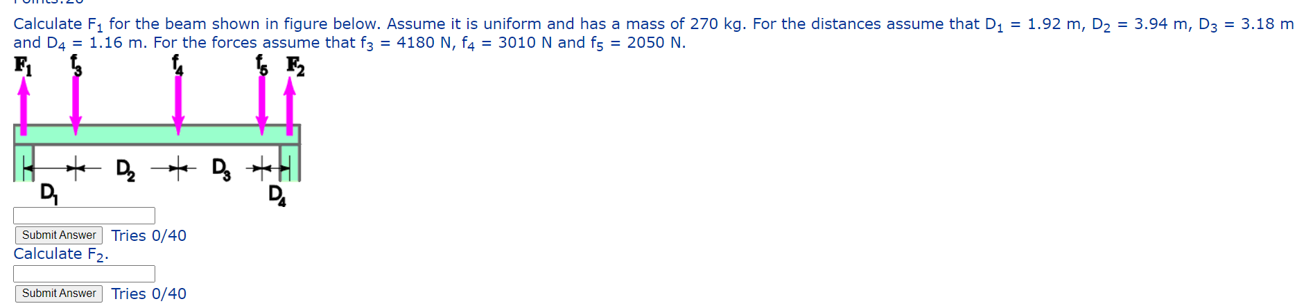 Calculate F For The Beam Shown In Figure Below Assume It Is Uniform And Has A Mass Of 270 Kg For The Distances Assume 1