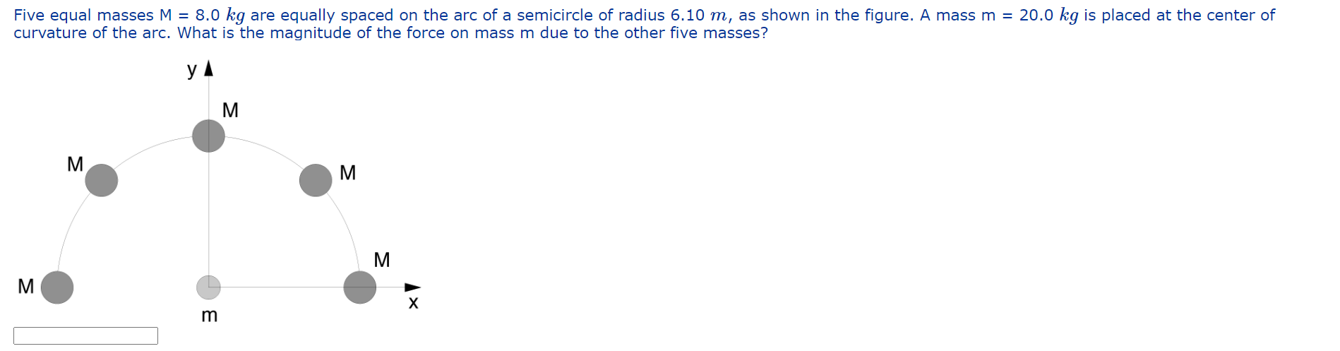 Five Equal Masses M 8 0 Kg Are Equally Spaced On The Arc Of A Semicircle Of Radius 6 10 M As Shown In The Figure A M 1