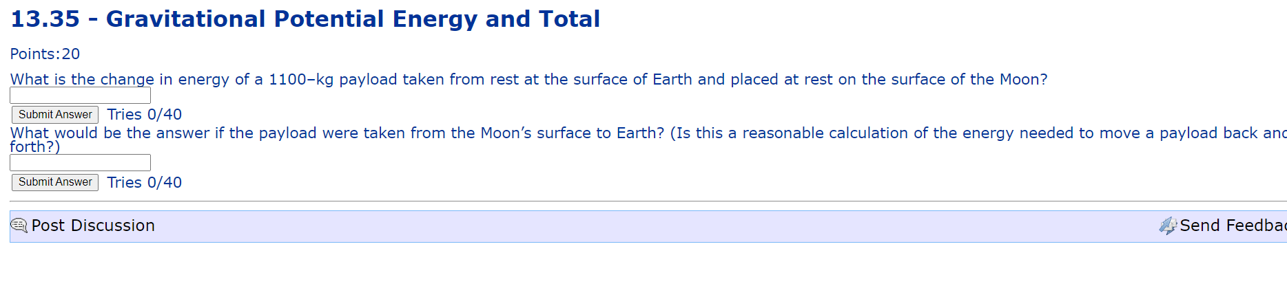 13 35 Gravitational Potential Energy And Total Points 20 What Is The Change In Energy Of A 1100 Kg Payload Taken From 1