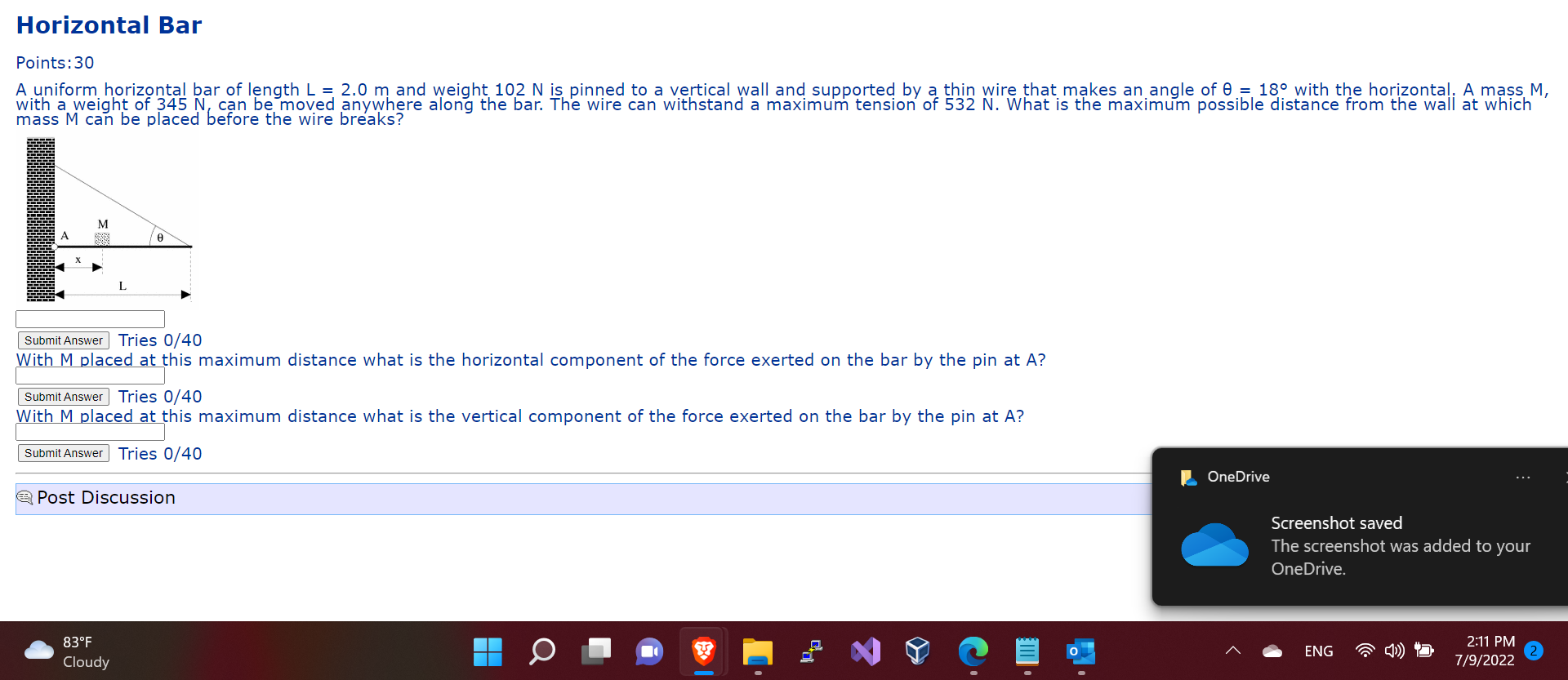 Horizontal Bar Points 30 A Uniform Horizontal Bar Of Length L 2 0 M And Weight 102 N Is Pinned To A Vertical Wall And 1