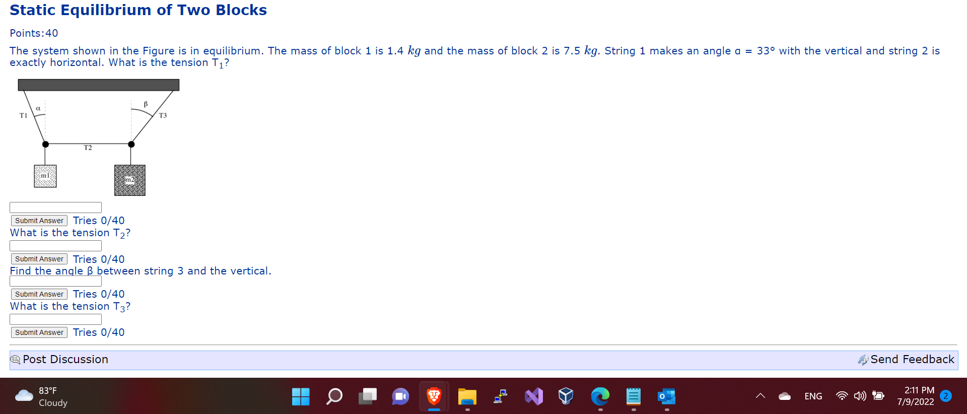 Static Equilibrium Of Two Blocks Points 40 The System Shown In The Figure Is In Equilibrium The Mass Of Block 1 Is 1 4 1
