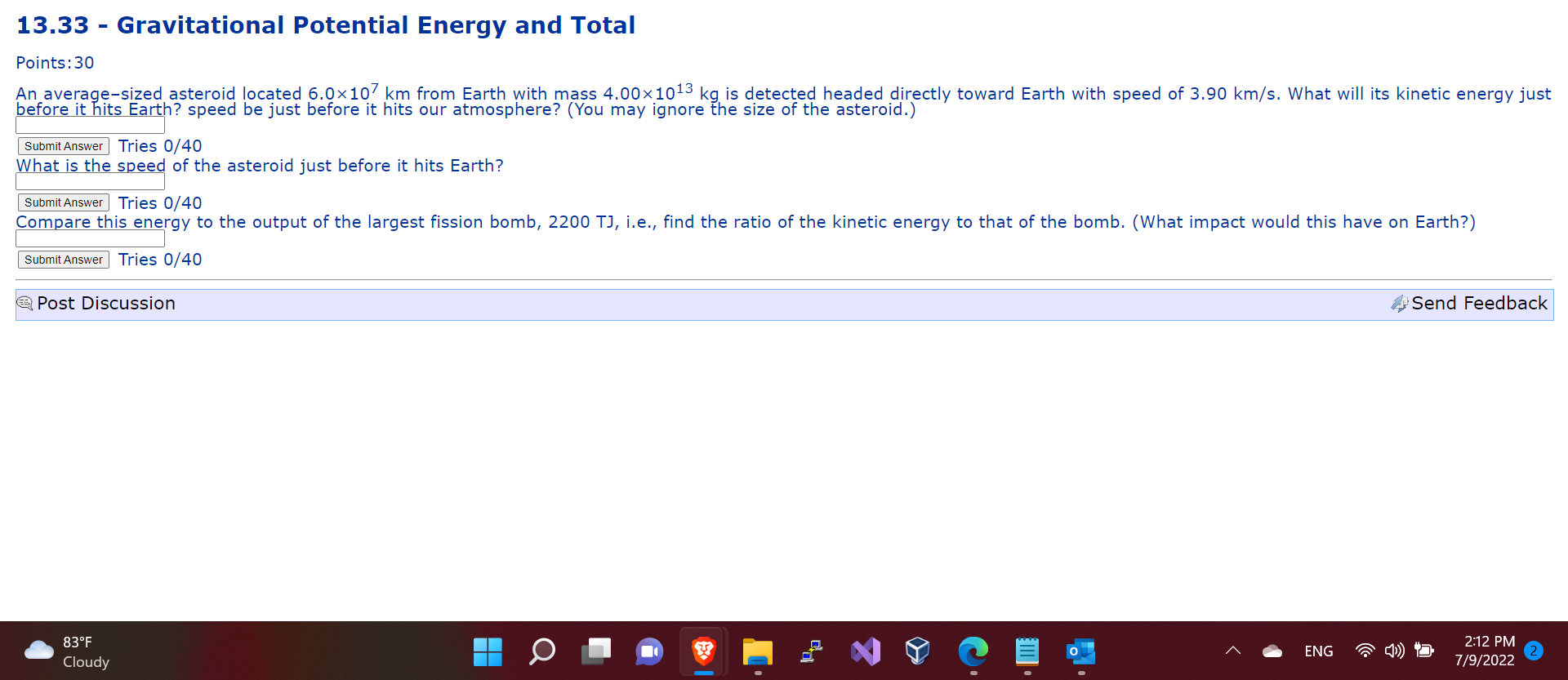 13 33 Gravitational Potential Energy And Total Points 30 An Average Sized Asteroid Located 6 0x107 Km From Earth With 1