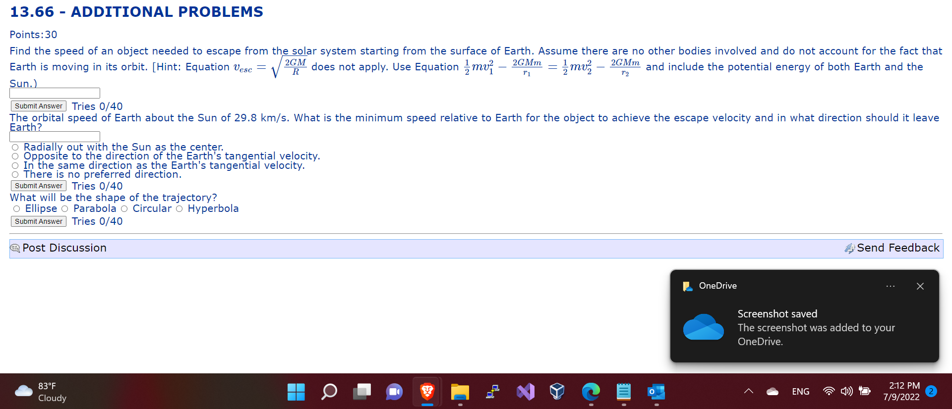 13 66 Additional Problems Points 30 Find The Speed Of An Object Needed To Escape From The Solar System Starting From The 1
