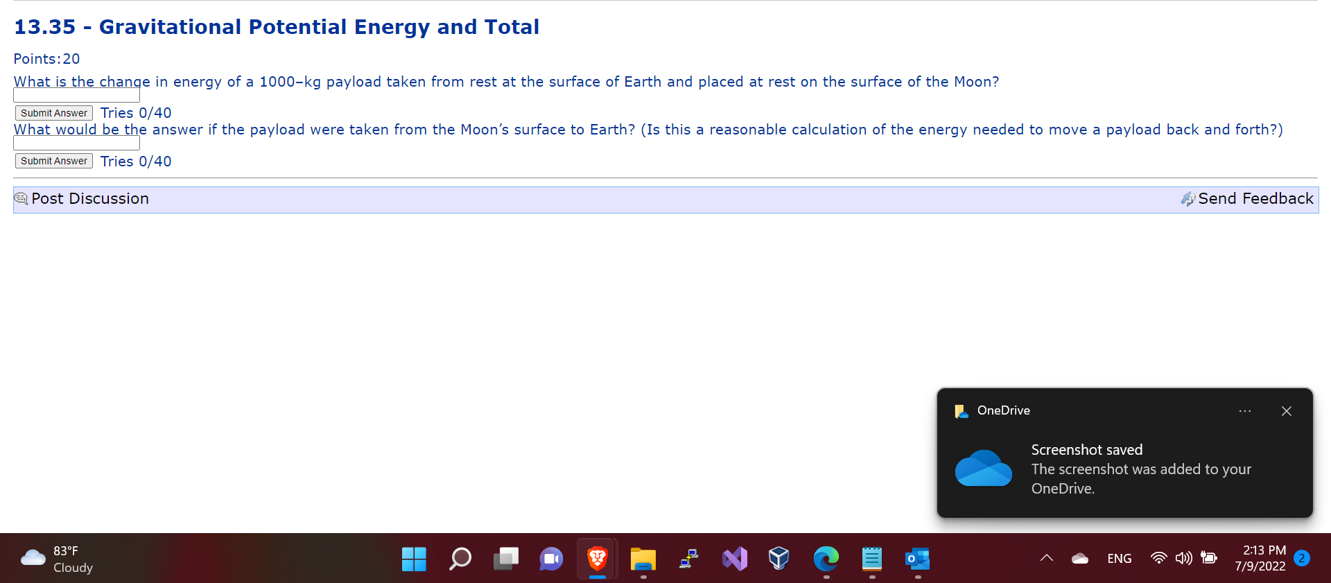 13 35 Gravitational Potential Energy And Total Points 20 What Is The Change In Energy Of A 1000 Kg Payload Taken From 1