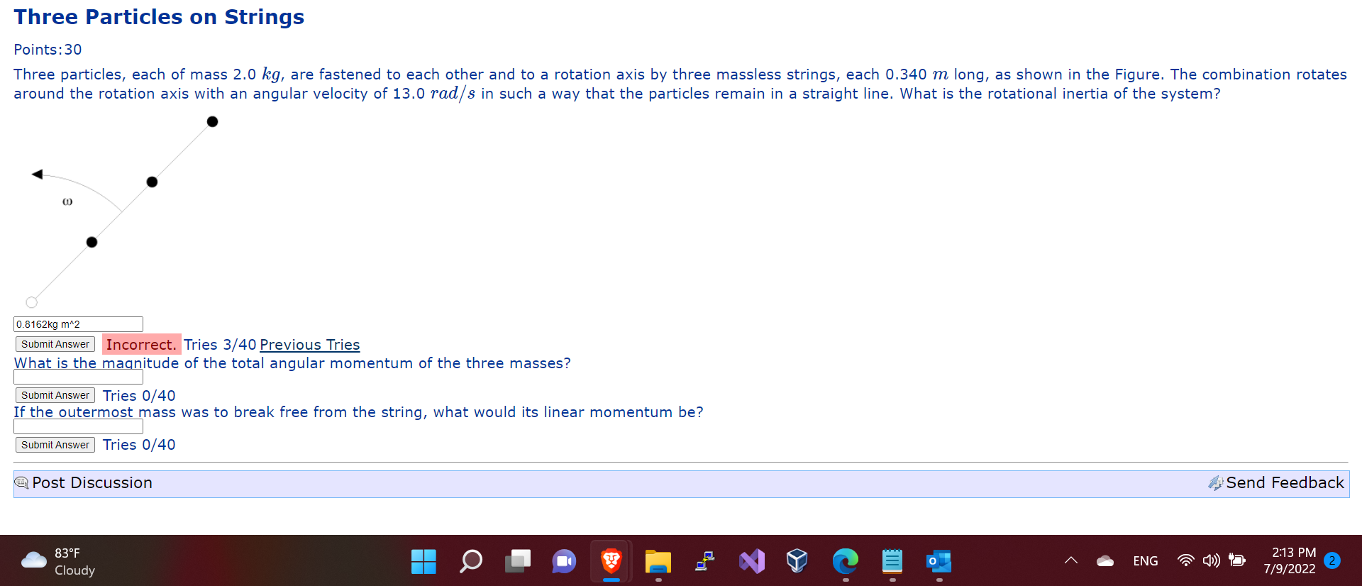 Three Particles On Strings Points 30 Three Particles Each Of Mass 2 0 Kg Are Fastened To Each Other And To A Rotation 1