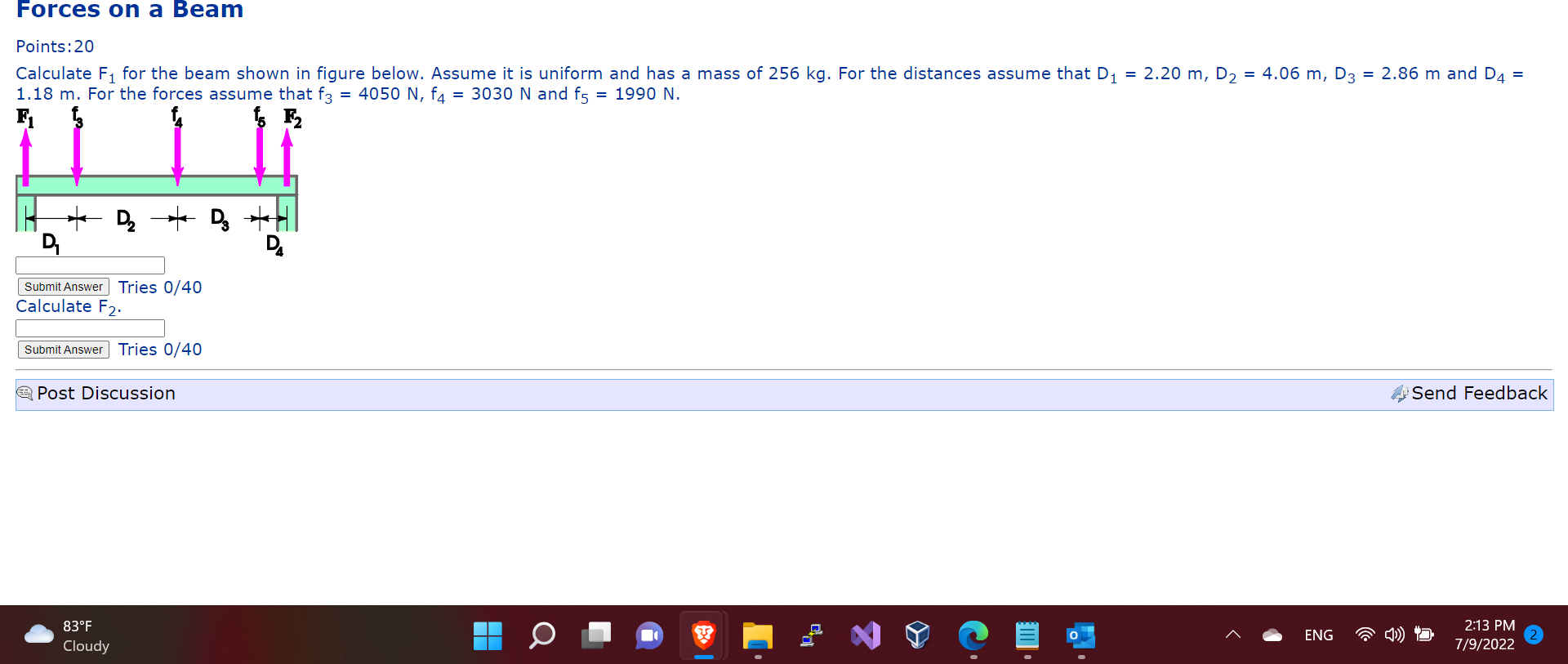 Forces On A Beam Points 20 Calculate F For The Beam Shown In Figure Below Assume It Is Uniform And Has A Mass Of 256 K 1