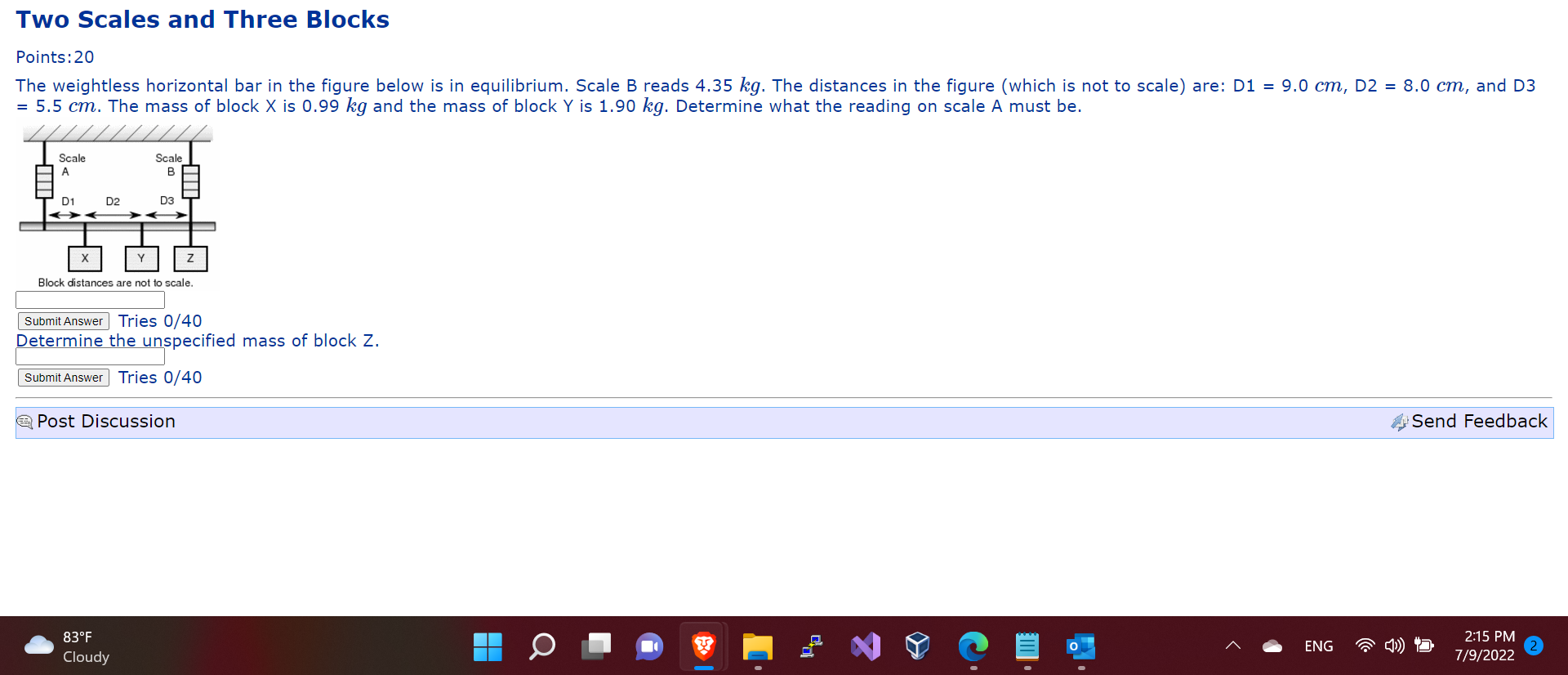 Two Scales And Three Blocks Points 20 The Weightless Horizontal Bar In The Figure Below Is In Equilibrium Scale B Reads 1