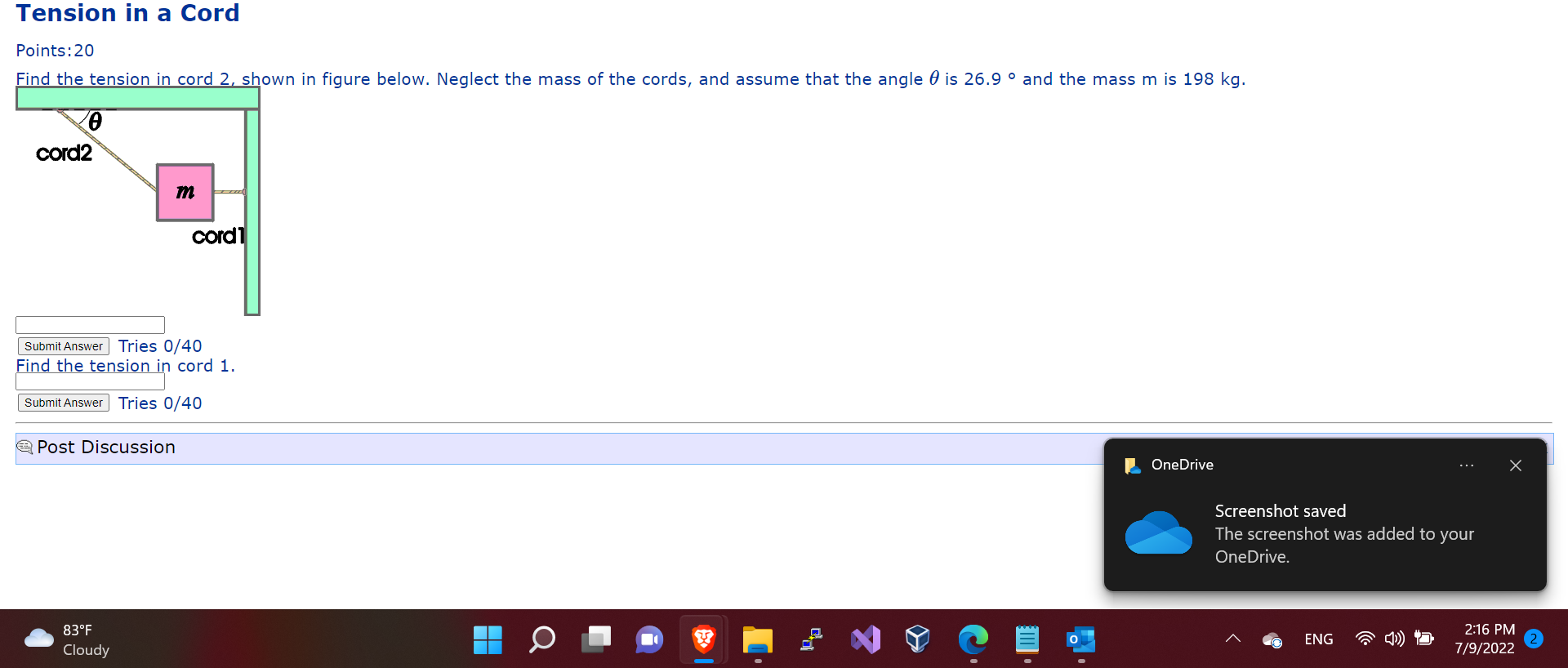 Tension In A Cord Points 20 Find The Tension In Cord 2 Shown In Figure Below Neglect The Mass Of The Cords And Assume 1