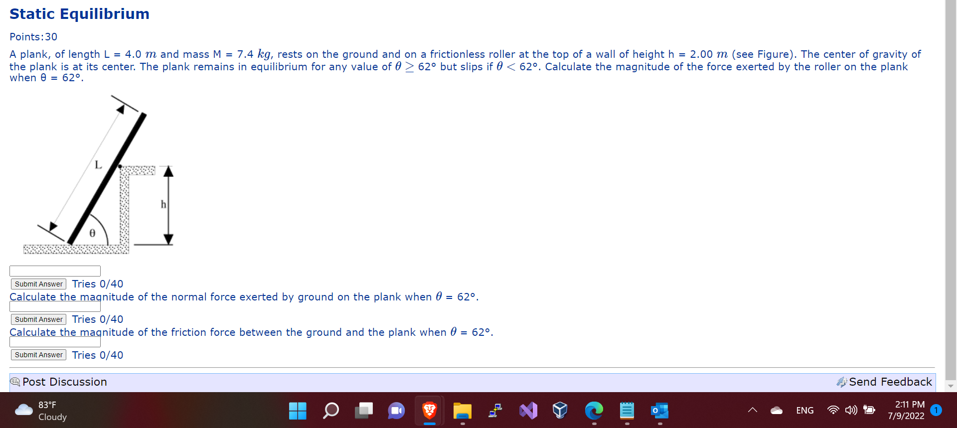 Static Equilibrium Points 30 A Plank Of Length L 4 0 M And Mass M 7 4 Kg Rests On The Ground And On A Frictionless 1