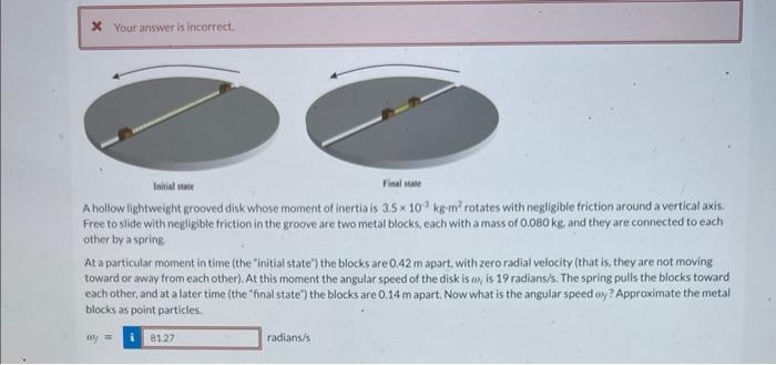 X Your Answer Is Incorrect Final State Initial State A Hollow Lightweight Grooved Disk Whose Moment Of Inertia Is 3 5 X 1