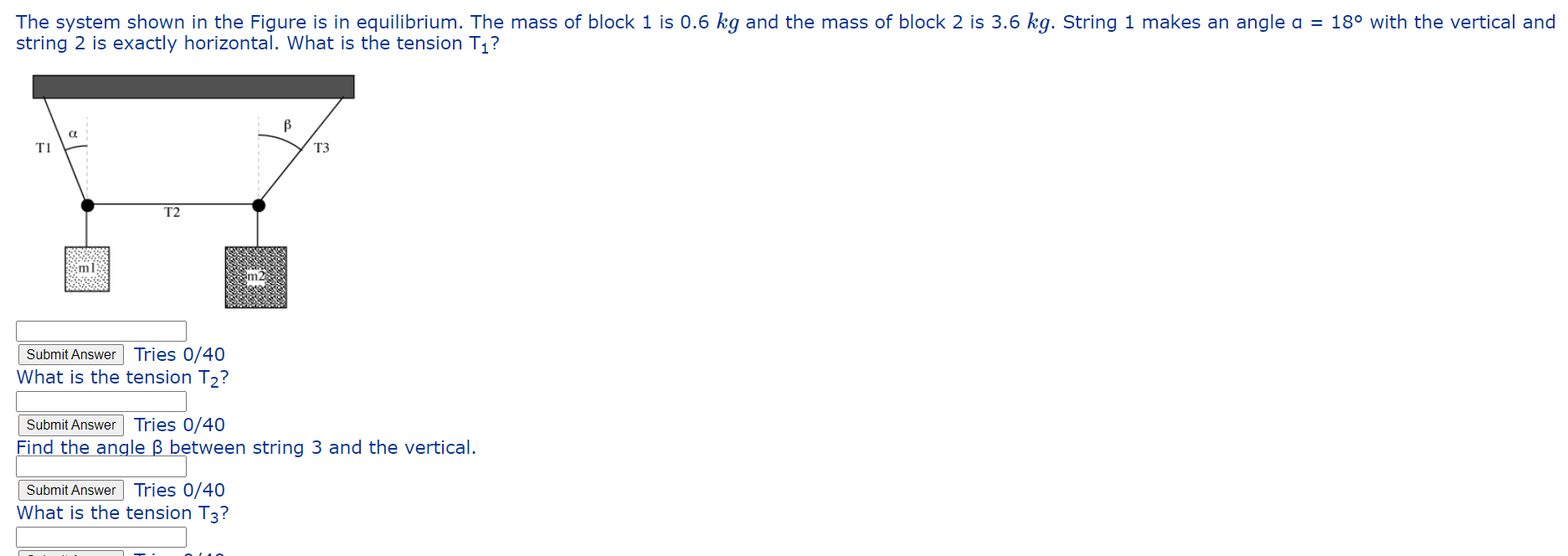 The System Shown In The Figure Is In Equilibrium The Mass Of Block 1 Is 0 6 Kg And The Mass Of Block 2 Is 3 6 Kg Strin 1