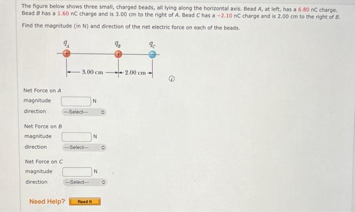 The Figure Below Shows Three Small Charged Beads All Lying Along The Horizontal Axis Bead A At Left Has A 6 80 Nc C 1