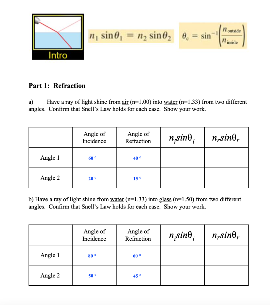 Intro Part 1 Refraction Angle 1 A Have A Ray Of Light Shine From Air N 1 00 Into Water N 1 33 From Two Different A 1