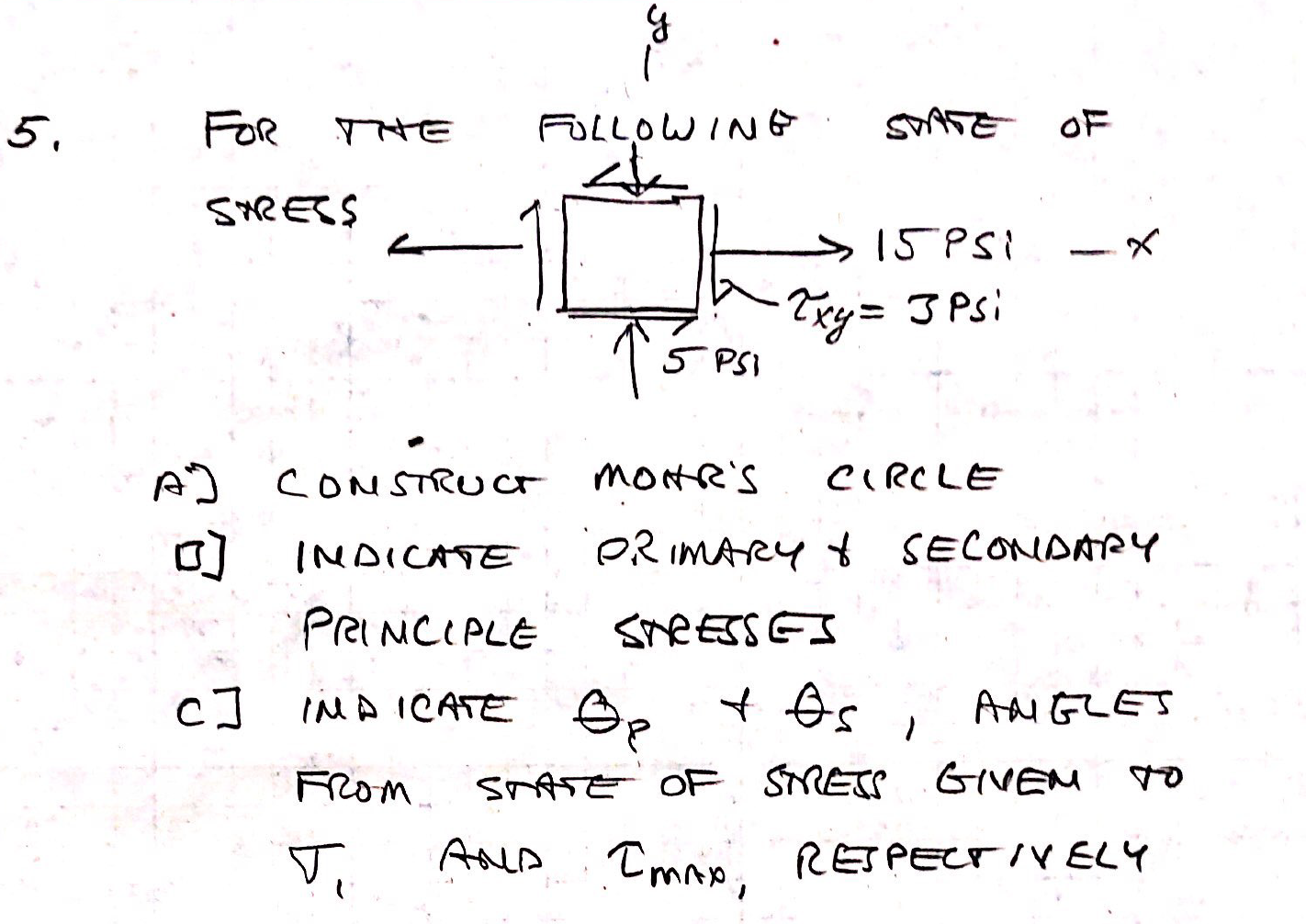 G 5 5 For The Following State Of Stress 15 Psi 2xy 3 Psi 5 Psi A Construct Struct Mor S Circle A 0 Indicate Primar 1