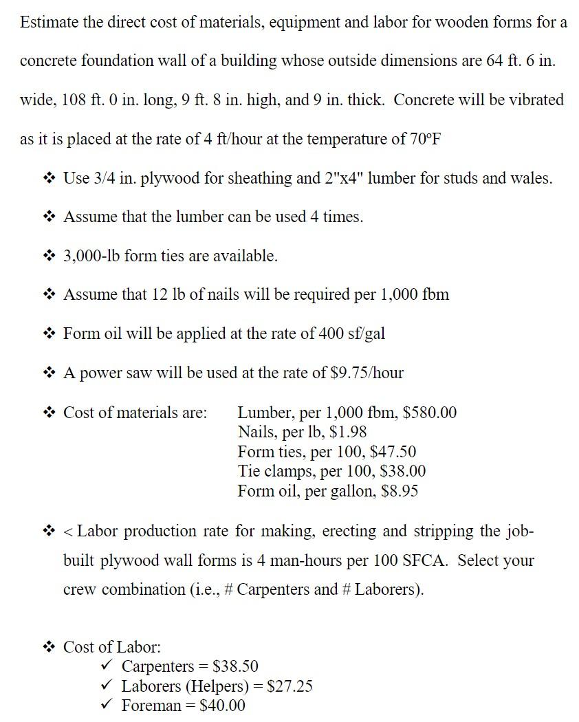 Estimate The Direct Cost Of Materials Equipment And Labor For Wooden Forms For A Concrete Foundation Wall Of A Building 1