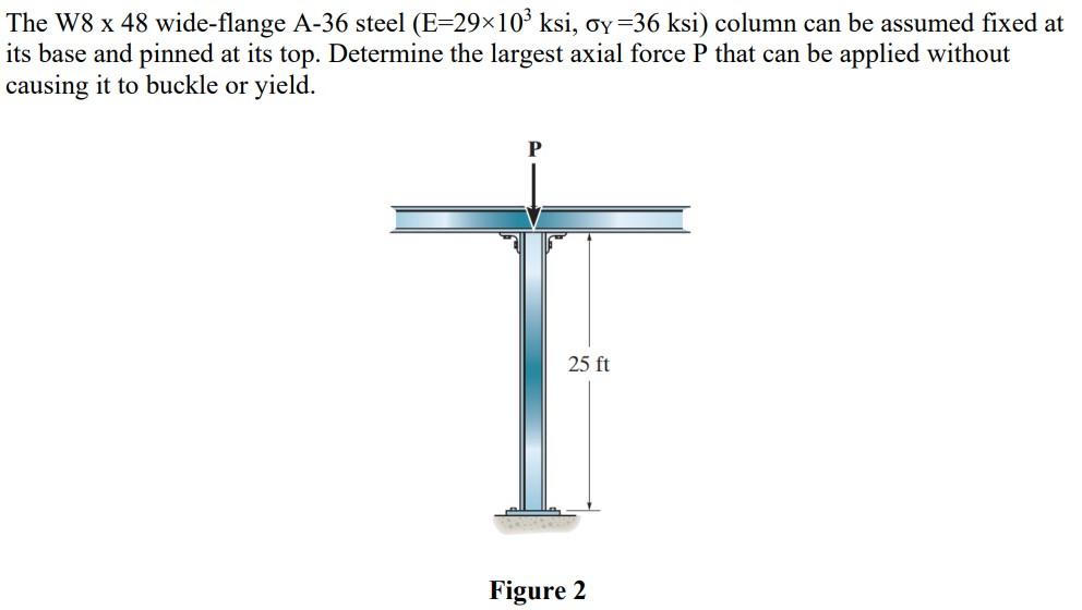 The W8 X 48 Wide Flange A 36 Steel E 29x109 Ksi Oy 36 Ksi Column Can Be Assumed Fixed At Its Base And Pinned At Its T 1